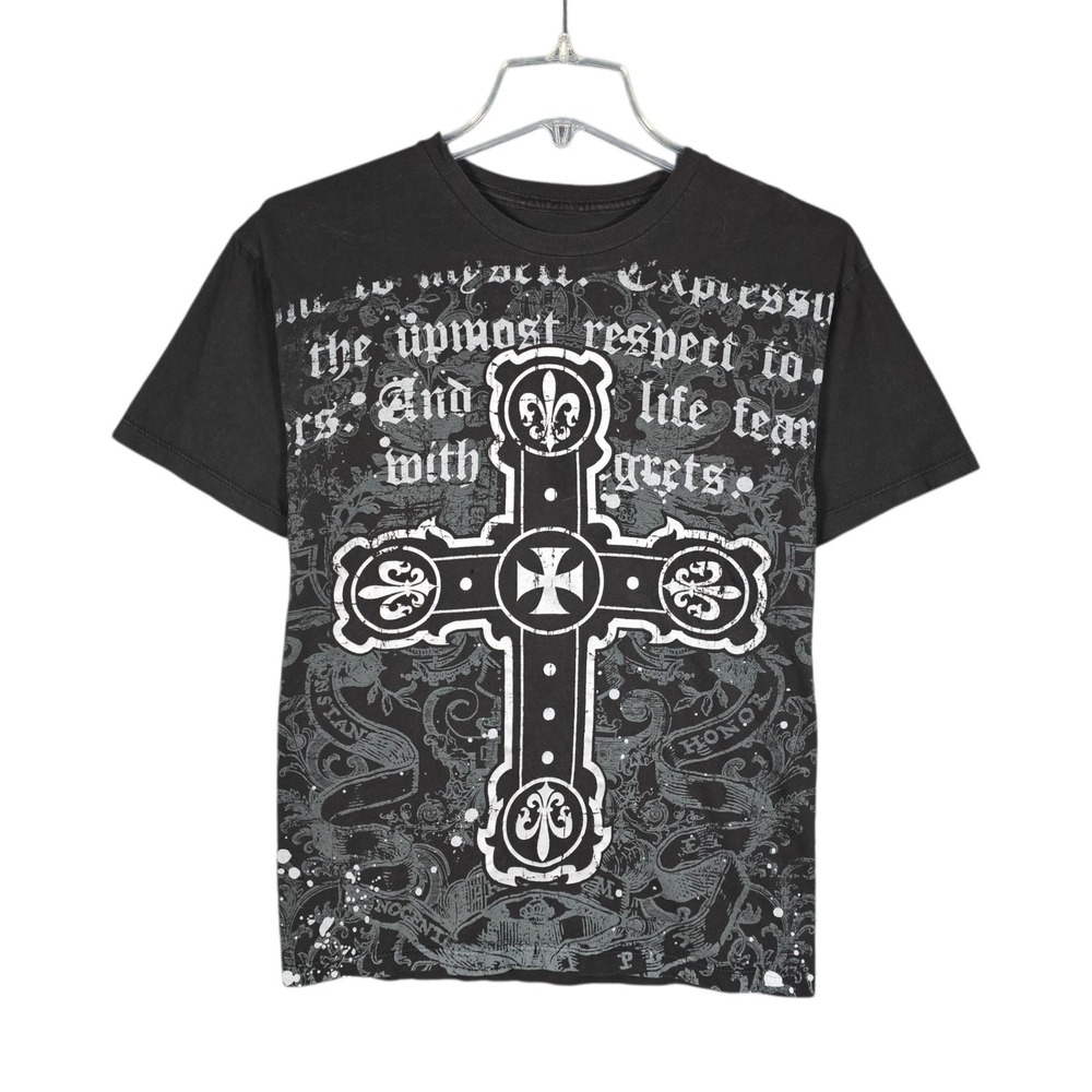 Vintage‎ Carbon Black T-Shirt Mens Medium Black Cross Respect AOP Mall Goth Y2K